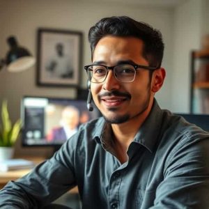 Profesional hispanohablante en videollamada negociando trabajo remoto